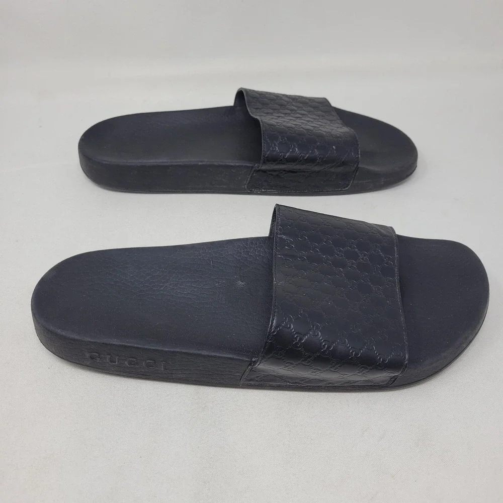 Gucci Sandals Mens Size 9 Black GG Logo Slide Leather Casual Comfort Slides